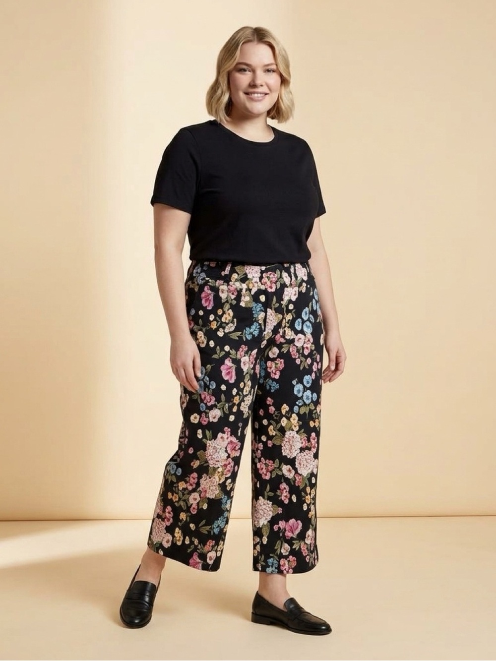 Anthropologie Black Floral Wide-Leg Crop Pants